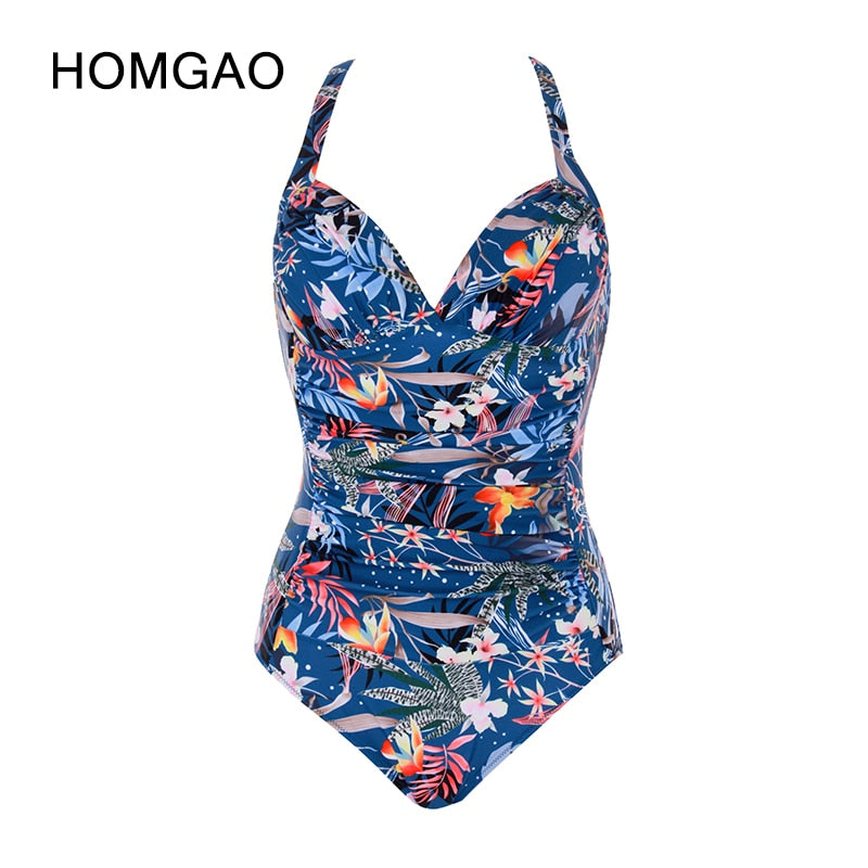 HOMGAO Sexy Push Up Women&#39;s One Piece Swimsuits Large Size Shirred Swimwear Vintage Bodysuit Tummy Control Bathing Suits L-4XL