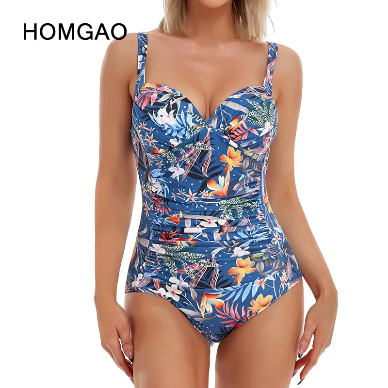 HOMGAO Sexy Push Up Women&#39;s One Piece Swimsuits Large Size Shirred Swimwear Vintage Bodysuit Tummy Control Bathing Suits L-4XL