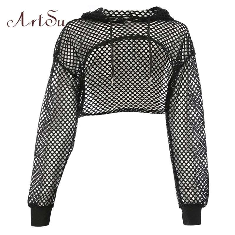 ArtSu Long Sleeve Tshirt Women Hooded Hollow Out Sexy Punk Rock Short Crop Top White T-shirt Fishnet Black Mesh Shirt Clothes