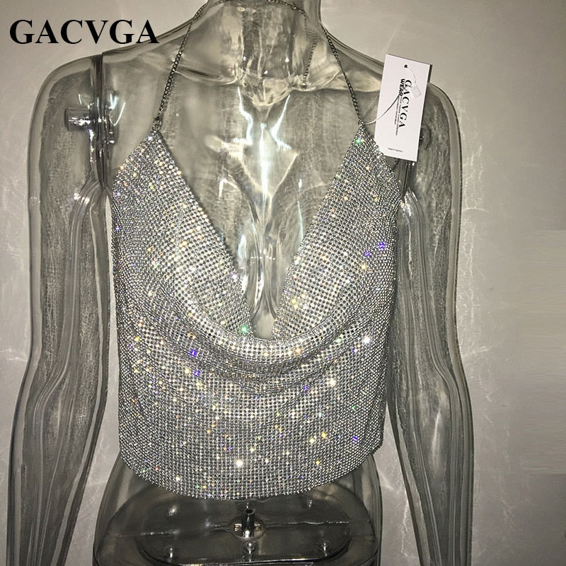 GACVGA 2020 Handmade Crystal Tank Top Sexy Backless Summer Beach Women Crop Top Halter Camis Metal Bralette Ladies Croped Tops