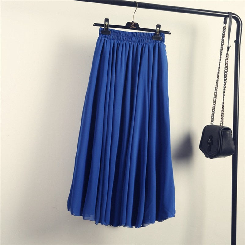 Womens Boho Style 3 Layer Chiffon Long Skirt Female Elegant High Waist Non-transparent Beach Maxi Skirts Saia 2021 Spring SK121