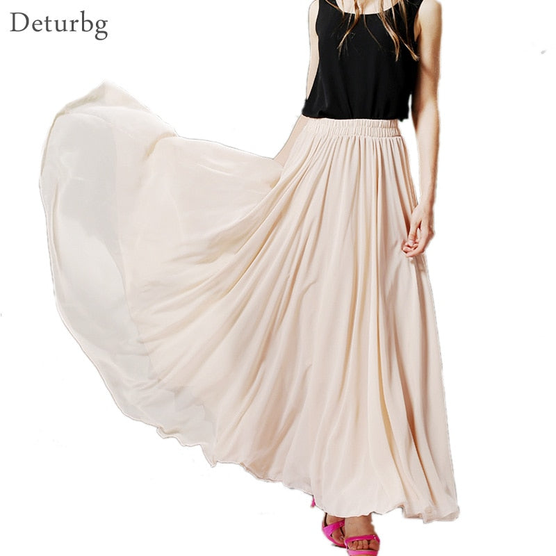 Womens Boho Style 3 Layer Chiffon Long Skirt Female Elegant High Waist Non-transparent Beach Maxi Skirts Saia 2021 Spring SK121