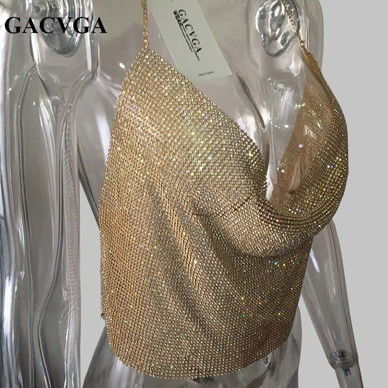 GACVGA 2020 Handmade Crystal Tank Top Sexy Backless Summer Beach Women Crop Top Halter Camis Metal Bralette Ladies Croped Tops