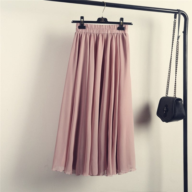 Womens Boho Style 3 Layer Chiffon Long Skirt Female Elegant High Waist Non-transparent Beach Maxi Skirts Saia 2021 Spring SK121