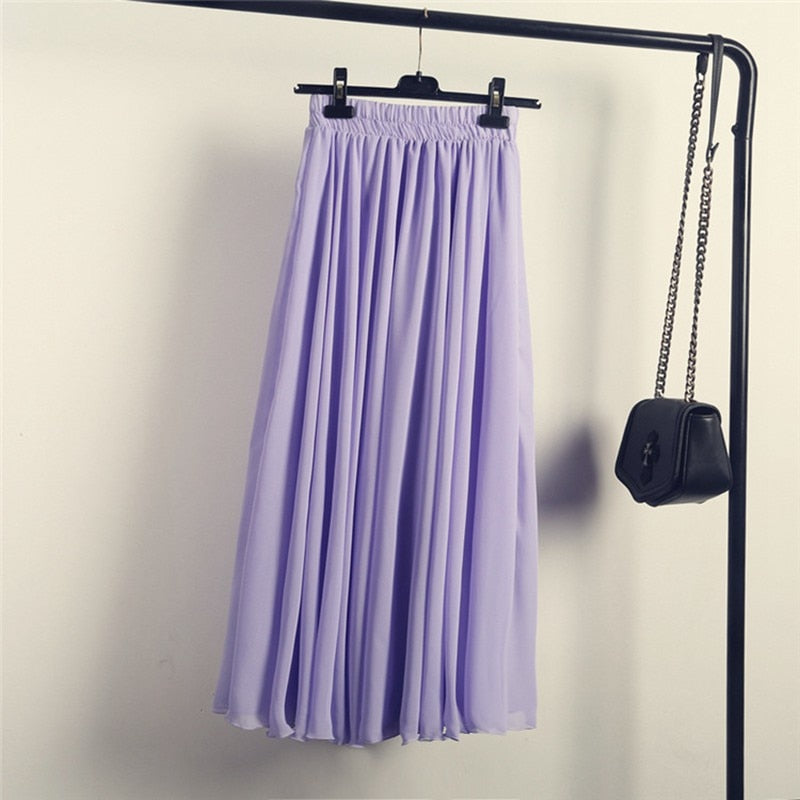 Womens Boho Style 3 Layer Chiffon Long Skirt Female Elegant High Waist Non-transparent Beach Maxi Skirts Saia 2021 Spring SK121