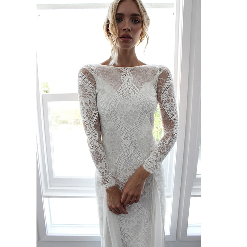 Ordifree 2021 Summer Women Long Party Dress Vintage Long Sleeve Floor Length Sexy Backless White Lace Maxi Dress