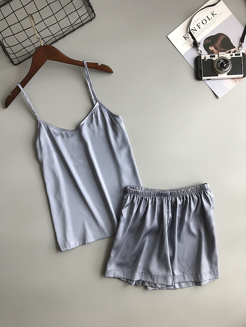 Ice Silk Women’s Summer Camisole and Shorts Sexy Pajama Set