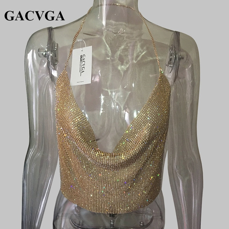 GACVGA 2020 Handmade Crystal Tank Top Sexy Backless Summer Beach Women Crop Top Halter Camis Metal Bralette Ladies Croped Tops