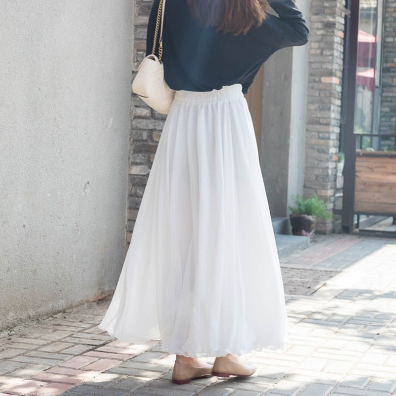 Womens Boho Style 3 Layer Chiffon Long Skirt Female Elegant High Waist Non-transparent Beach Maxi Skirts Saia 2021 Spring SK121