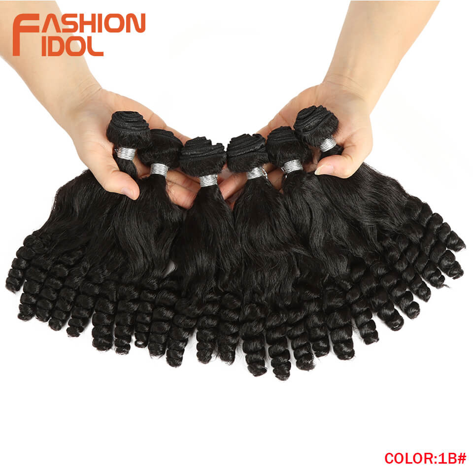 FASHION IDOL Afro Kinky Curly Hair Bundles 14 inch 7Pieces/lot Upper Straight Lower Bend Synthetic Hair Lace With Closure Fiber