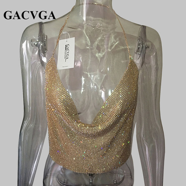 GACVGA 2020 Handmade Crystal Tank Top Sexy Backless Summer Beach Women Crop Top Halter Camis Metal Bralette Ladies Croped Tops