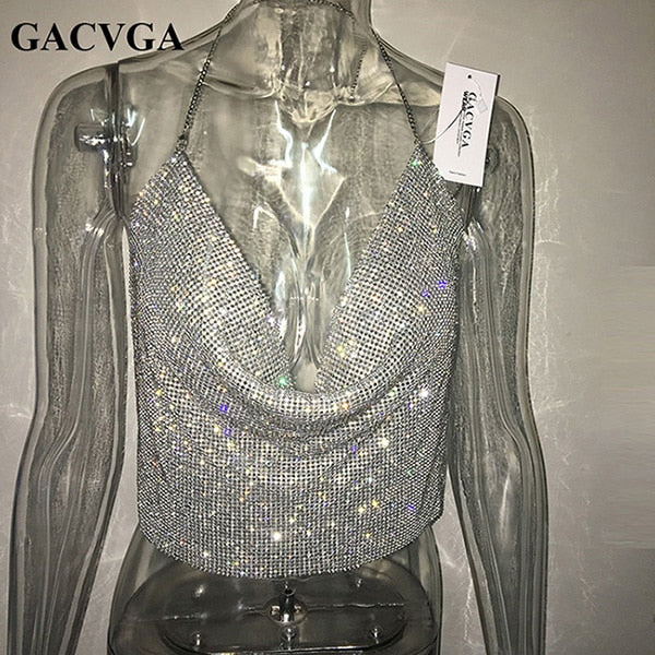 GACVGA 2020 Handmade Crystal Tank Top Sexy Backless Summer Beach Women Crop Top Halter Camis Metal Bralette Ladies Croped Tops