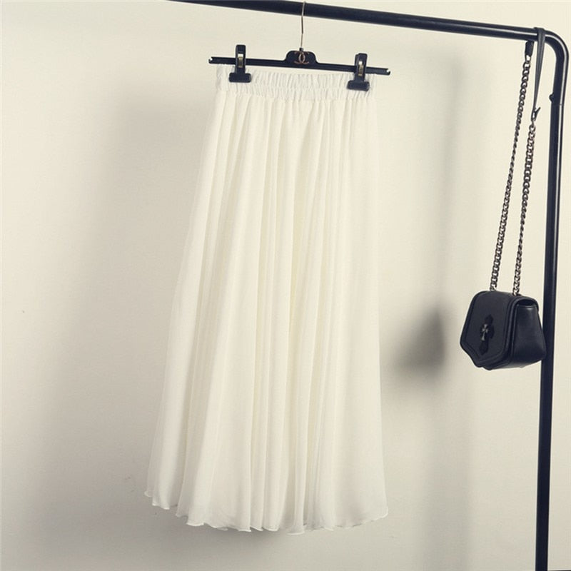 Womens Boho Style 3 Layer Chiffon Long Skirt Female Elegant High Waist Non-transparent Beach Maxi Skirts Saia 2021 Spring SK121