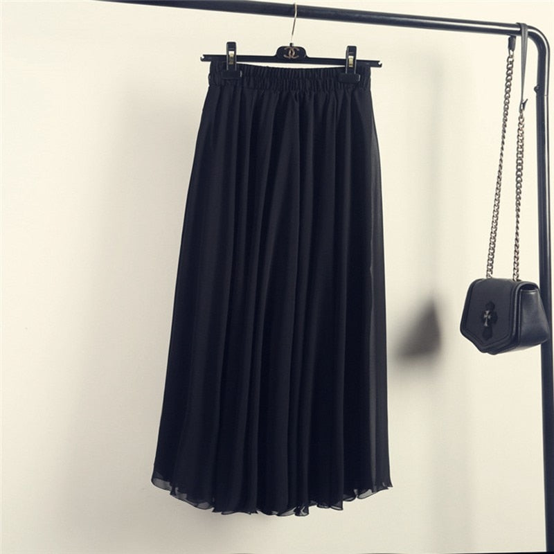 Womens Boho Style 3 Layer Chiffon Long Skirt Female Elegant High Waist Non-transparent Beach Maxi Skirts Saia 2021 Spring SK121