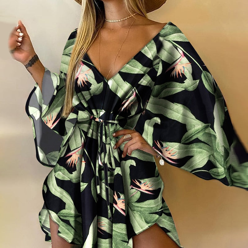 Fashion Women Sexy Deep V Neck Long Batwing Sleeve Mini Dress Print Tied Front Loose Fit Casual Dress