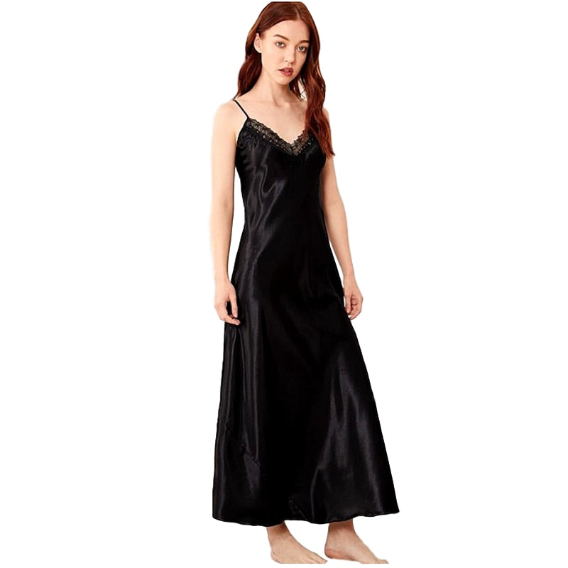 Lace Sexy Sleepwear Silk Ladies Long Gowns Black Spaghetti Strap Nightgown V-neck Night Dress Satin Lingerie Dress Plus Nightie