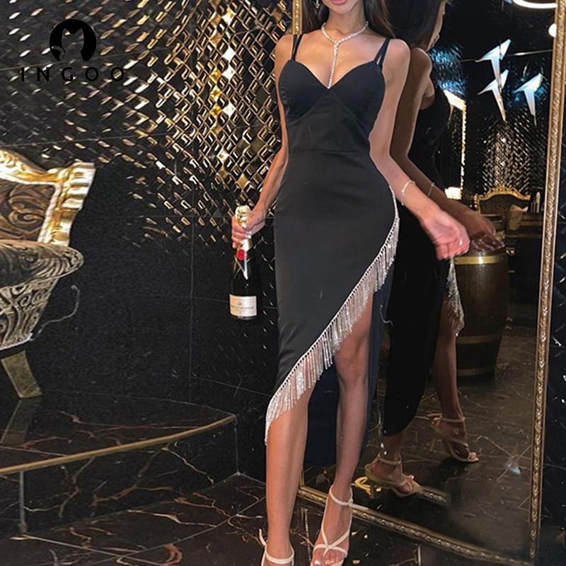 INGOO Elegant Irregular Fringed Diamond Party Night Dress Women Sexy Spaghetti Strap Backless Midi Dresses Bodycon Club Outfits