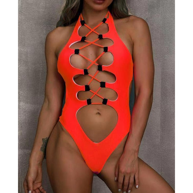 Halter Swimsuit 2022 Sexy Hollow Out One Piece Swimwear Women Criss-Cross Bandage Solid Bikini Summer Beachwear Bathing Suit