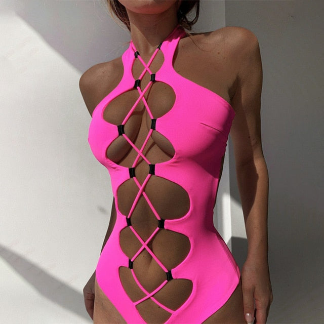 Halter Swimsuit 2022 Sexy Hollow Out One Piece Swimwear Women Criss-Cross Bandage Solid Bikini Summer Beachwear Bathing Suit