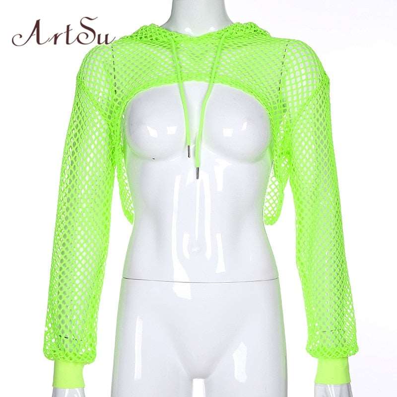 ArtSu Long Sleeve Tshirt Women Hooded Hollow Out Sexy Punk Rock Short Crop Top White T-shirt Fishnet Black Mesh Shirt Clothes