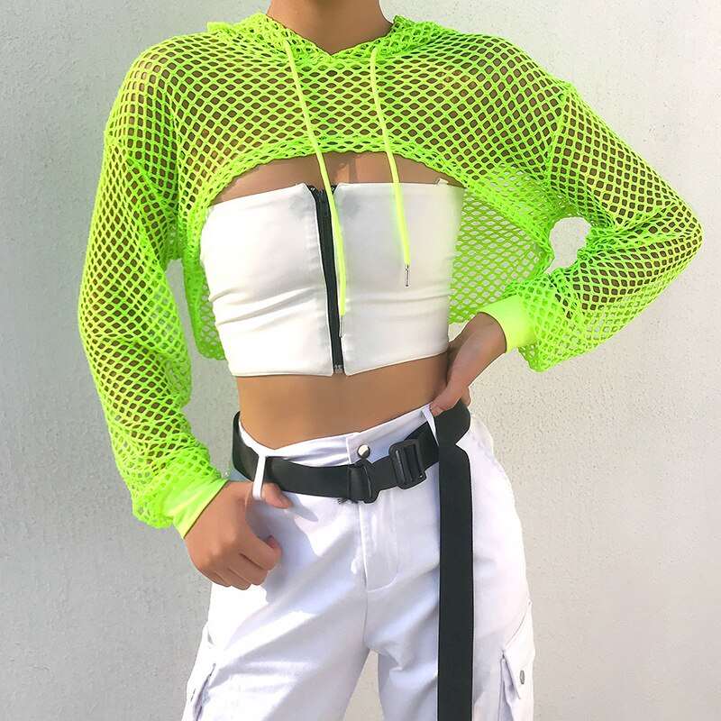 ArtSu Long Sleeve Tshirt Women Hooded Hollow Out Sexy Punk Rock Short Crop Top White T-shirt Fishnet Black Mesh Shirt Clothes