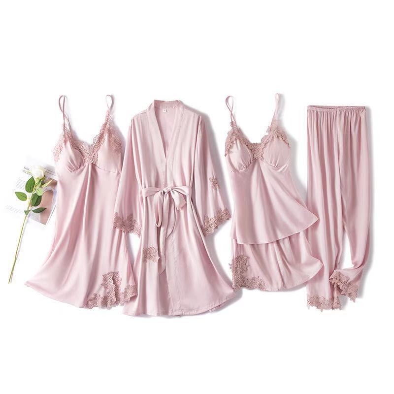 Women Sleepwear 5PCS Pajamas Set Sexy Satin Robe Lace Patchwork Kimono Gown Soft Lounge Bathrobe Sleep Suit With Chest Pads