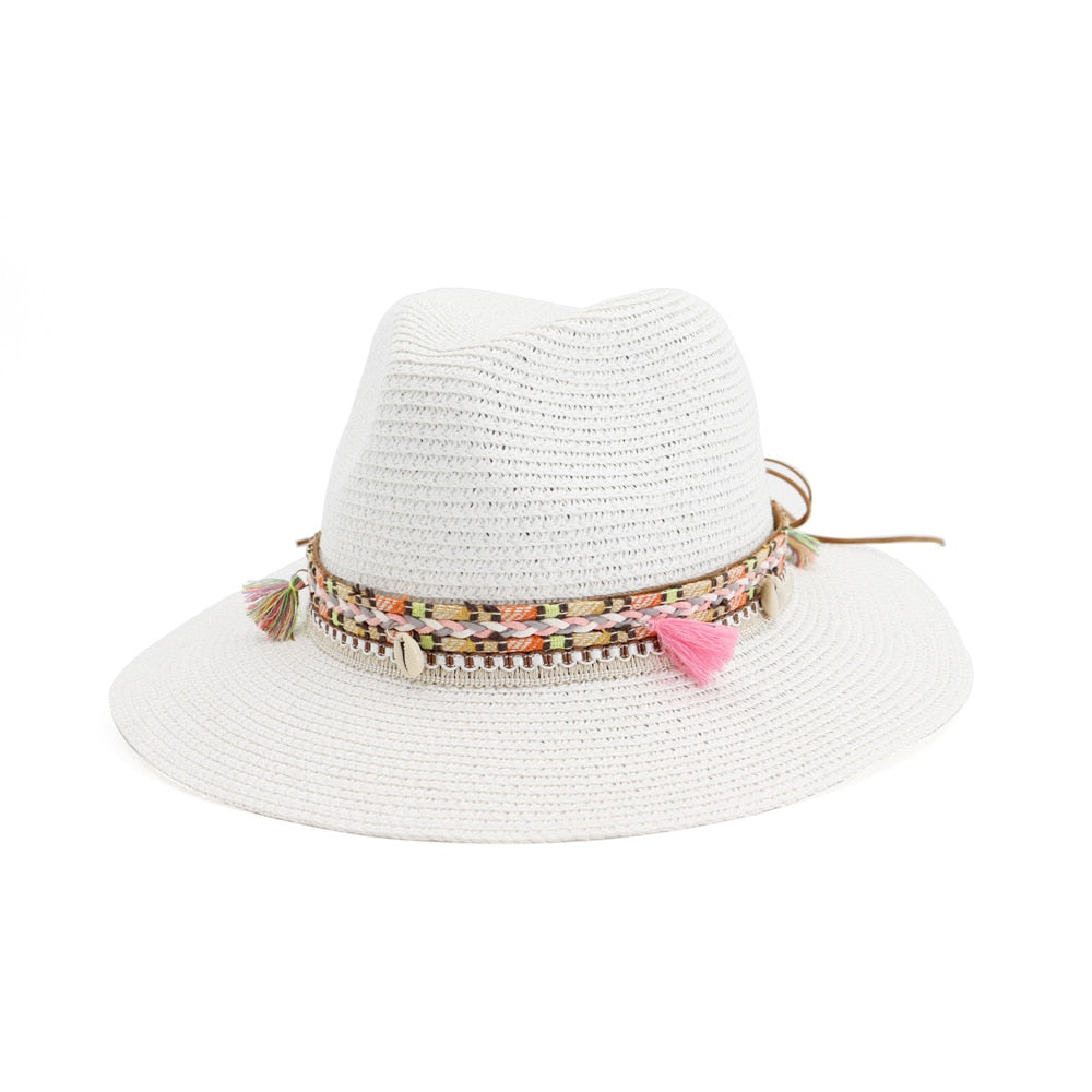 HOAREE Straw Sun Hat White Panama Hat Beach Womens Summer Caps Sombrero Female Fedora Casual Ladies Chapeau