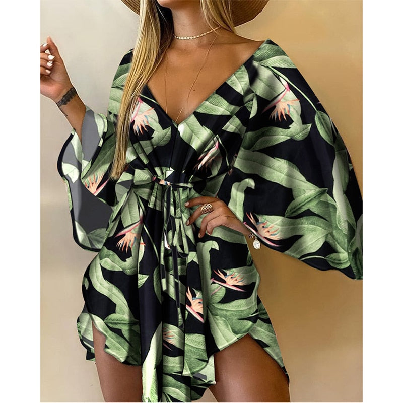 Fashion Women Sexy Deep V Neck Long Batwing Sleeve Mini Dress Print Tied Front Loose Fit Casual Dress