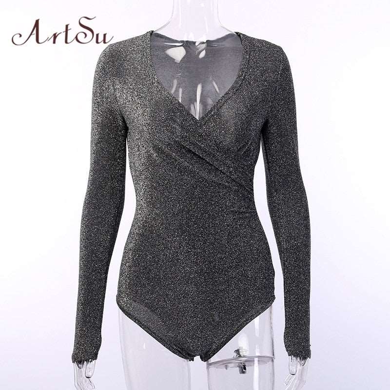 Artsu Reflective Cross Bodysuit Women Sexy Long Sleeve V-neck Spring Fahsion Tops Bodycon Party Club Solid Body Suit ASJU70153