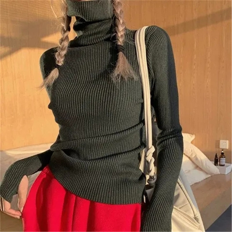 Women heaps collar Turtleneck Sweaters Autumn Winter Slim Pullover Women Basic Tops Casual Soft Knit Sweater Soft Warm Jumper