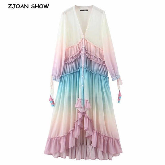 BOHO Gradient Rainbow Color Single-breasted Button Long Dress Sexy Women Holiday Wood ear Tassel Long Sleeve Ruffles Dresses