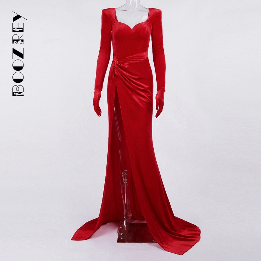 GACVGA Elegant Long Dress Evening Party Gown Outfits - Women Gloves Sleeve Red Velvet Sexy Slit Maxi Dress - Bridesmaid