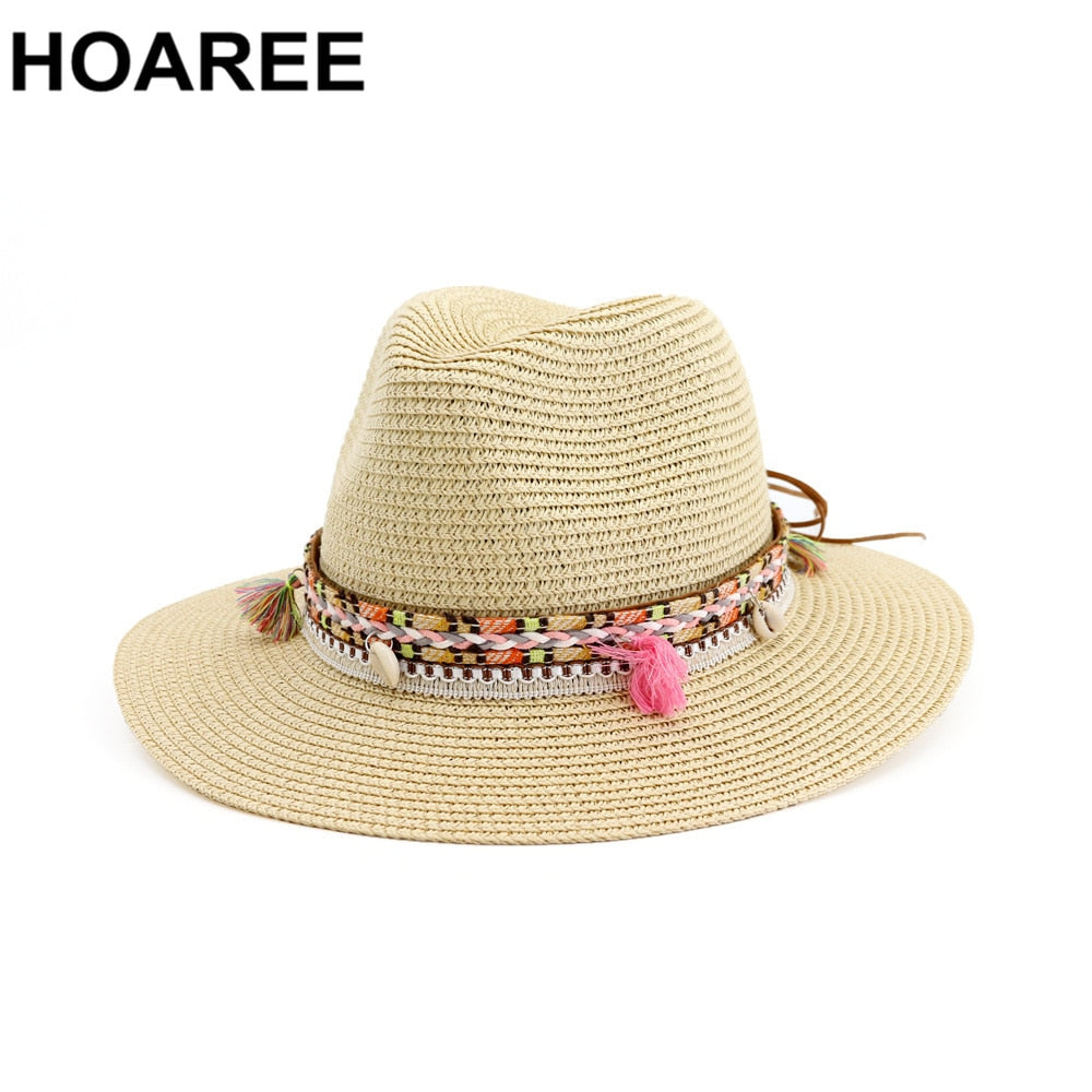 HOAREE Straw Sun Hat White Panama Hat Beach Womens Summer Caps Sombrero Female Fedora Casual Ladies Chapeau