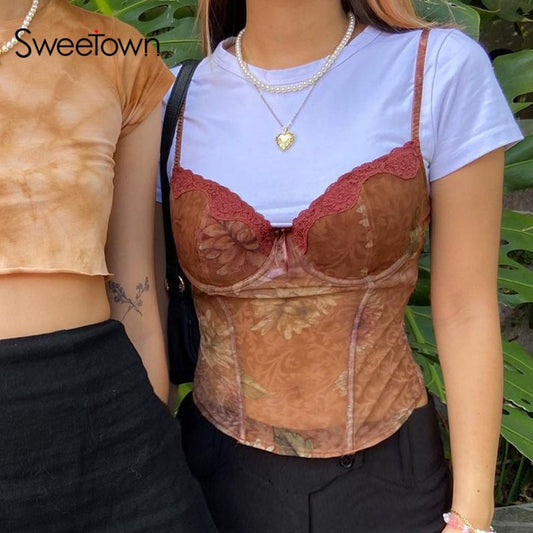 Sweetown 2000s Aesthetic Cute Mesh Crop Top Women Floral Lace Trim New Girl Kawaii Clothes See Through Sexy Tanks Camis Summer