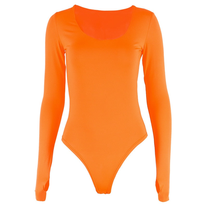 Orange Neon Bodysuit Women Long Sleeve Bodycon Sexy