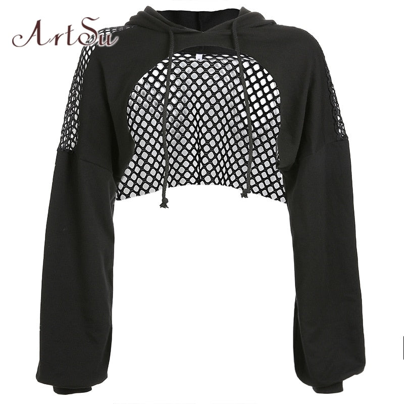 ArtSu Long Sleeve Tshirt Women Hooded Hollow Out Sexy Punk Rock Short Crop Top White T-shirt Fishnet Black Mesh Shirt Clothes