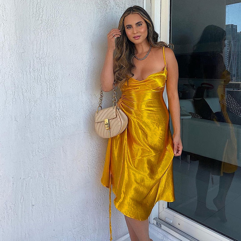 Women Vintage Side Split Bandage Satin Dress Spaghetti Strao Sexy V neck Solid Elegant Casual Mid Dress 2021 Summer New Dress