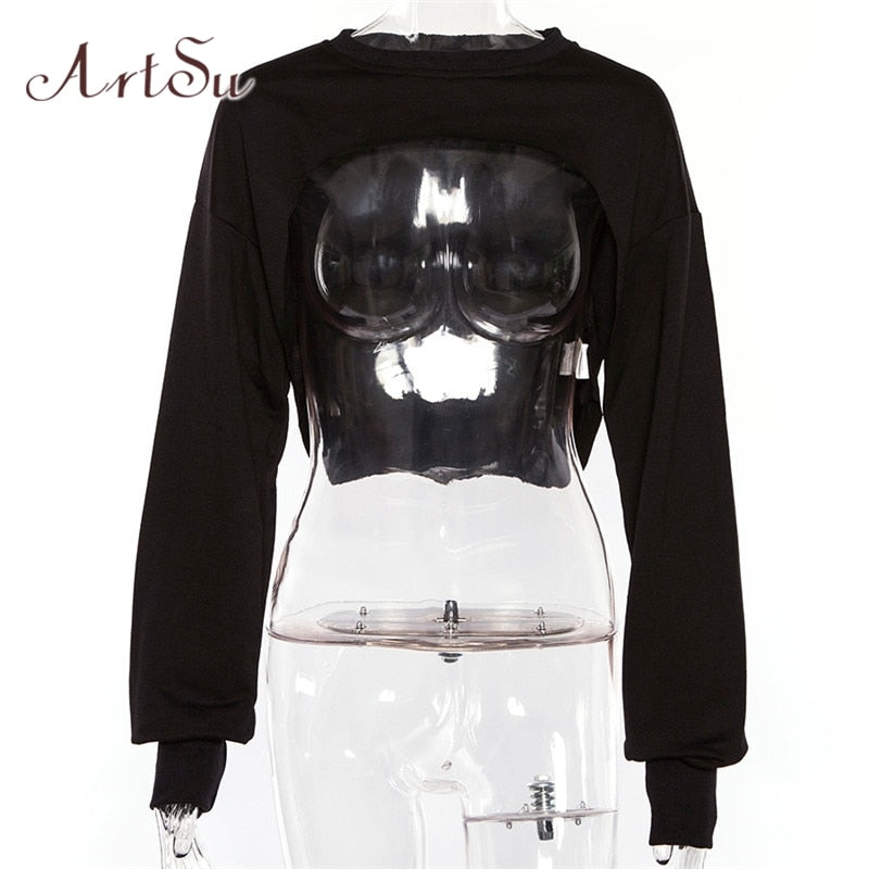 ArtSu Long Sleeve Tshirt Women Hooded Hollow Out Sexy Punk Rock Short Crop Top White T-shirt Fishnet Black Mesh Shirt Clothes