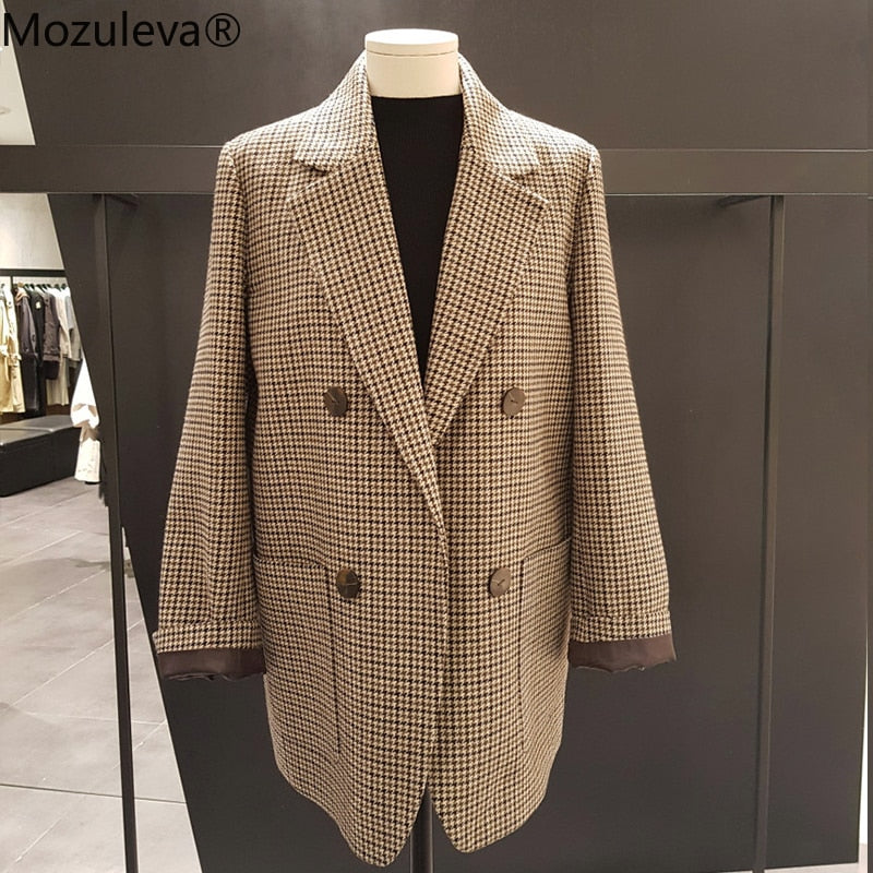 Mozuleva Korean Plaid Women Work Blazer Jacket Casual Double-breasted Sashes Suit Jacket Female 2022 Slim Female Blazer Outwear