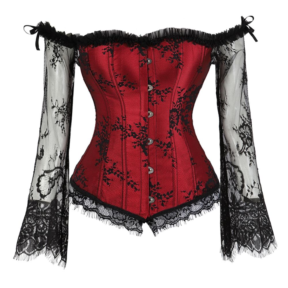 Women Sexy Off-Shoulder Sleeves Lace Embroidered Corset Blouse Victorian Vintage Floral Elegant Slim Corset Bustier Lingerie Top