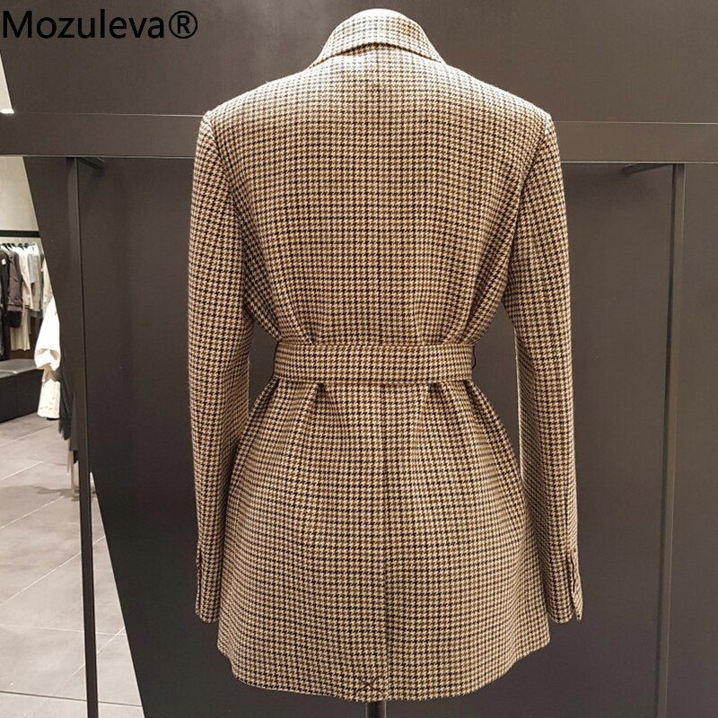 Mozuleva Korean Plaid Women Work Blazer Jacket Casual Double-breasted Sashes Suit Jacket Female 2022 Slim Female Blazer Outwear