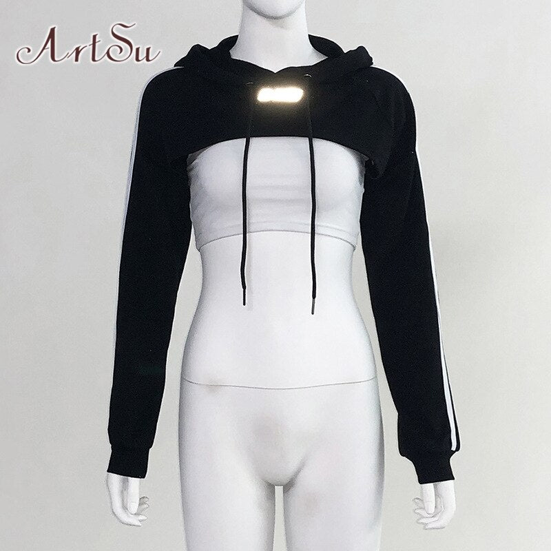 ArtSu Long Sleeve Tshirt Women Hooded Hollow Out Sexy Punk Rock Short Crop Top White T-shirt Fishnet Black Mesh Shirt Clothes