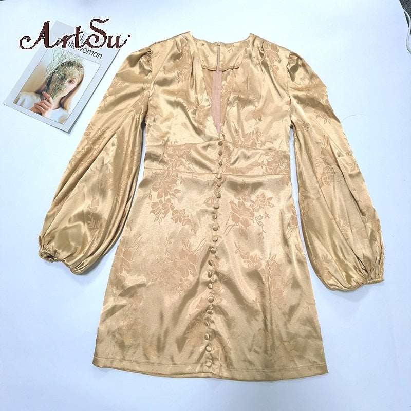 ArtSu Women's Satin Dresses Green Gold Deep V Neck Botton Lantern Sleeve Mini Dress Sexy Female Party Dresses Club Autumn 60551