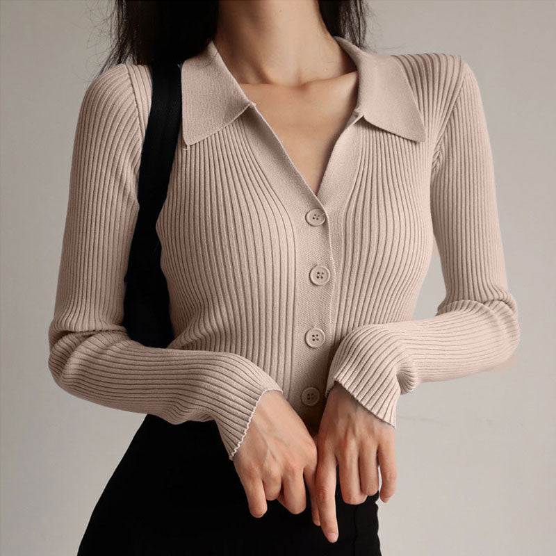 Women 2022 New Lapel Slim Slimming Tops Ladies Hollow Buttons Sexy V Neck Long Sleeve POLO Neck Knit Cardigan Sweater Women