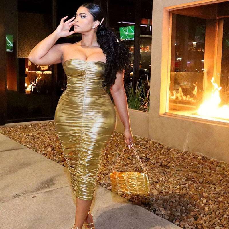 ArtSu Sexy Off Shoulder Golden Wrap Dresses Women Chistmas Sleeveless Bodycon Dress Elegant Ladies Ruched Knee Dresses ASDR60584