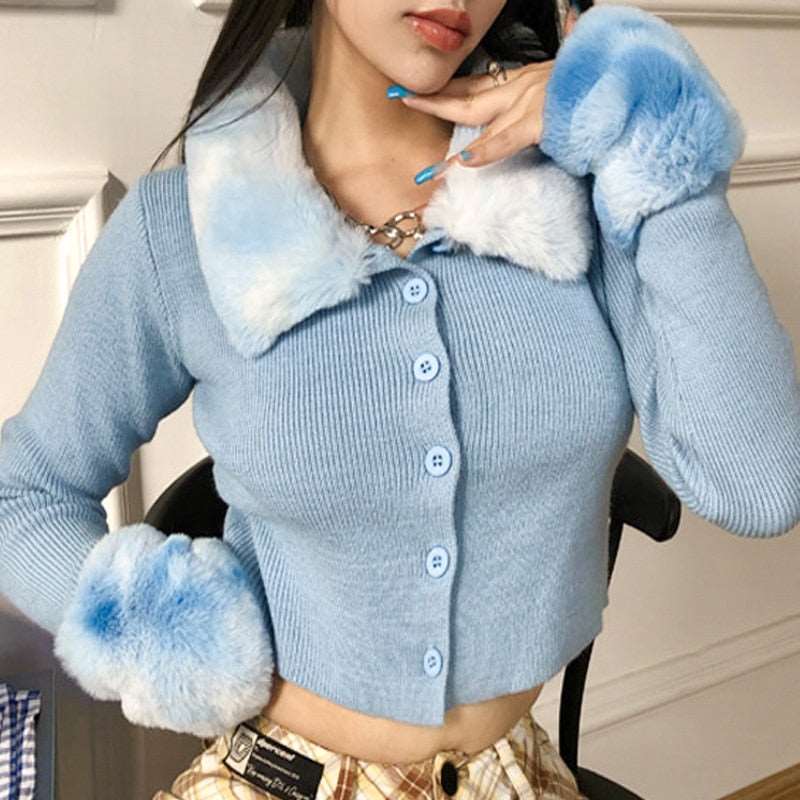 Artsu Ribbed Knitted Cardigans Sweaters With Fur Trim Collar Long Sleeve Slim Autumn Winter Jumpers Women Knitwear Chic 42015