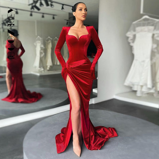 GACVGA Elegant Long Dress Evening Party Gown Outfits - Women Gloves Sleeve Red Velvet Sexy Slit Maxi Dress - Bridesmaid