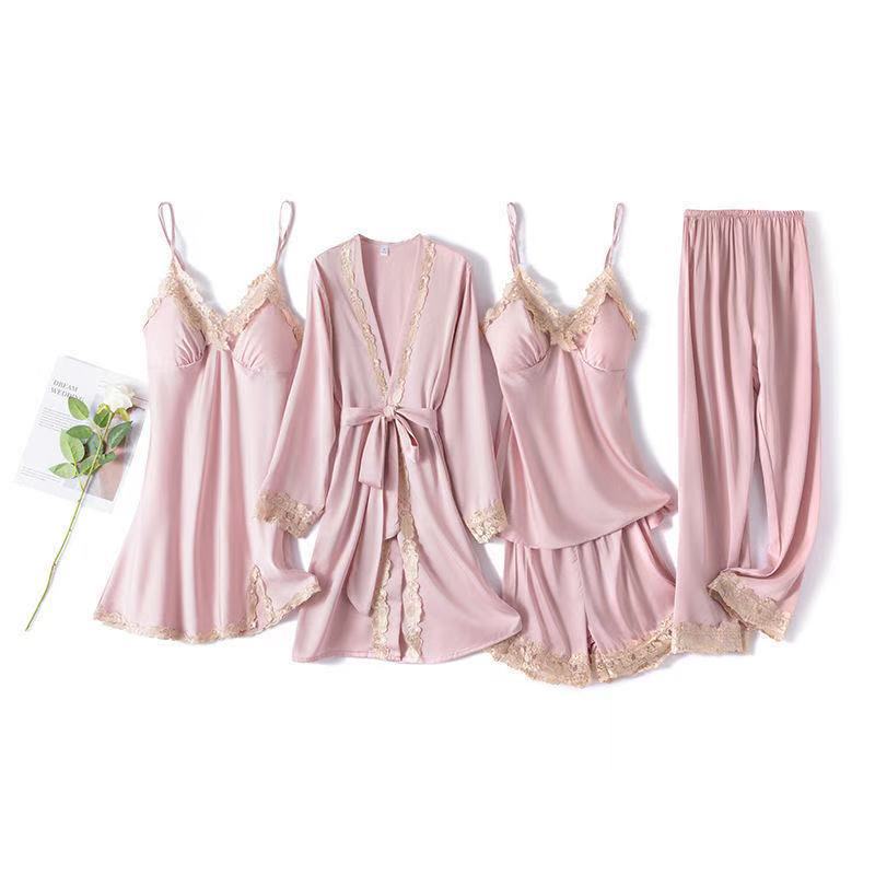 Women Sleepwear 5PCS Pajamas Set Sexy Satin Robe Lace Patchwork Kimono Gown Soft Lounge Bathrobe Sleep Suit With Chest Pads