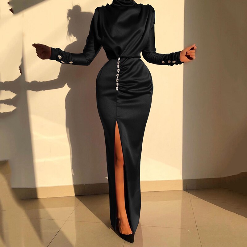 Autumn Winter Elegant Office Lady Maxi Dresses For Women 2023 Long Sleeve High Waist Bodycon Ruched Sexy Evening Party Dresseses