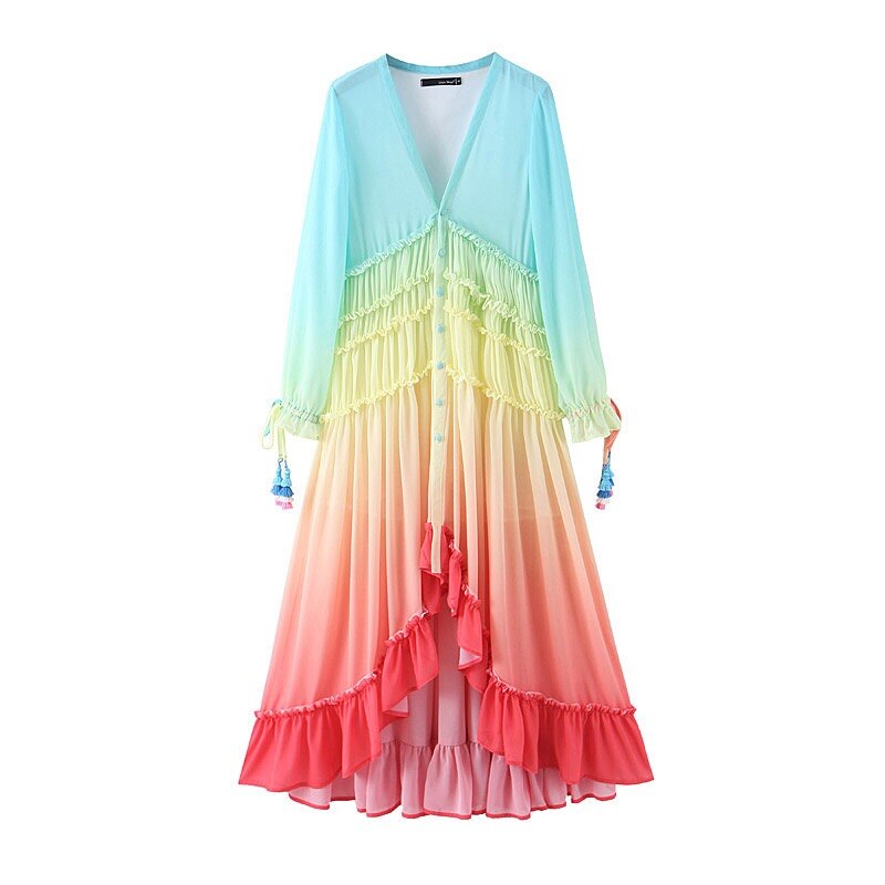 BOHO Gradient Rainbow Color Single-breasted Button Long Dress Sexy Women Holiday Wood ear Tassel Long Sleeve Ruffles Dresses